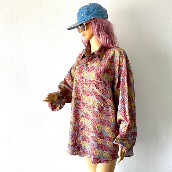 Vintage Silk Button Down Oversized Shirt Streetwear Bohemian Blouse Artsy Top L - Picture 6 of 10